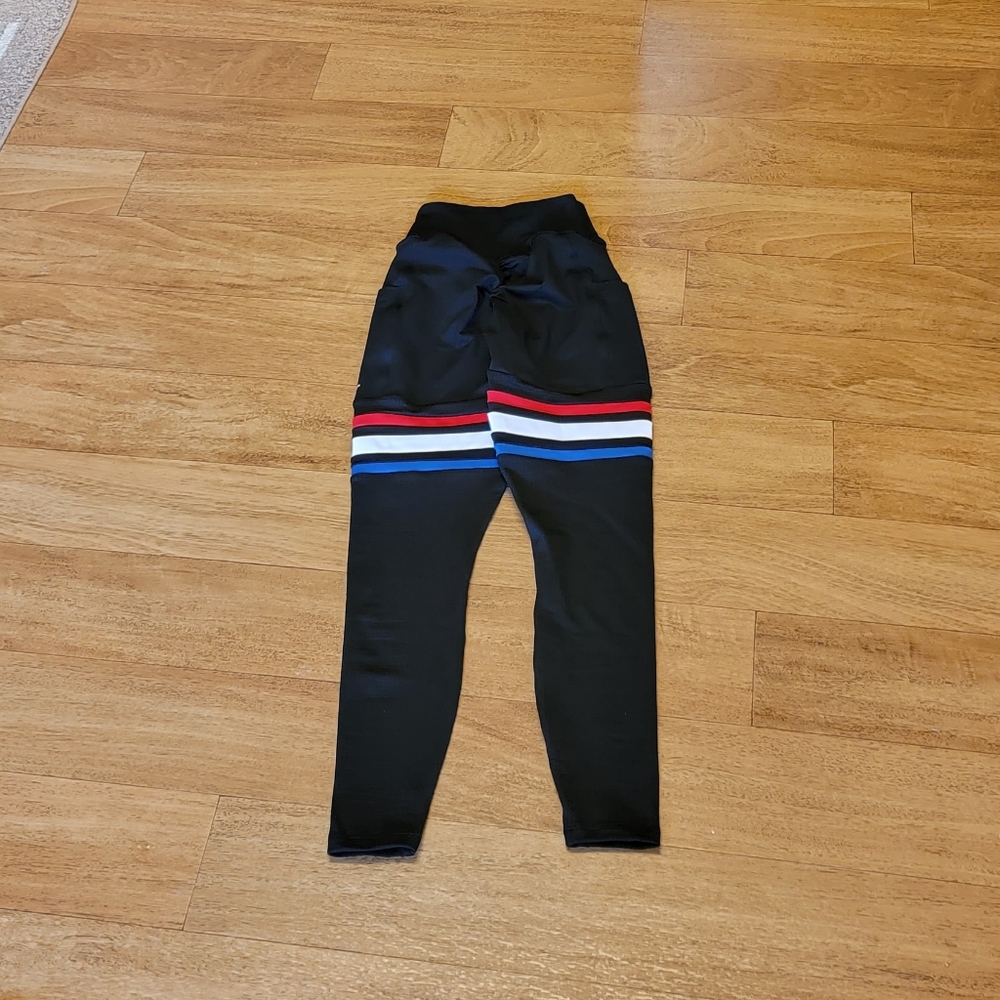 Bombshell Sportswear Black Leggings with Red, White & Blue Stripes - Picture 2 of 7